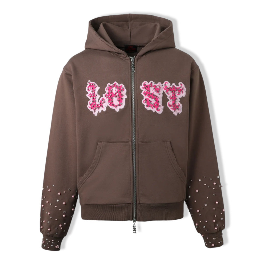 Lostintric brown pink patch hoodie